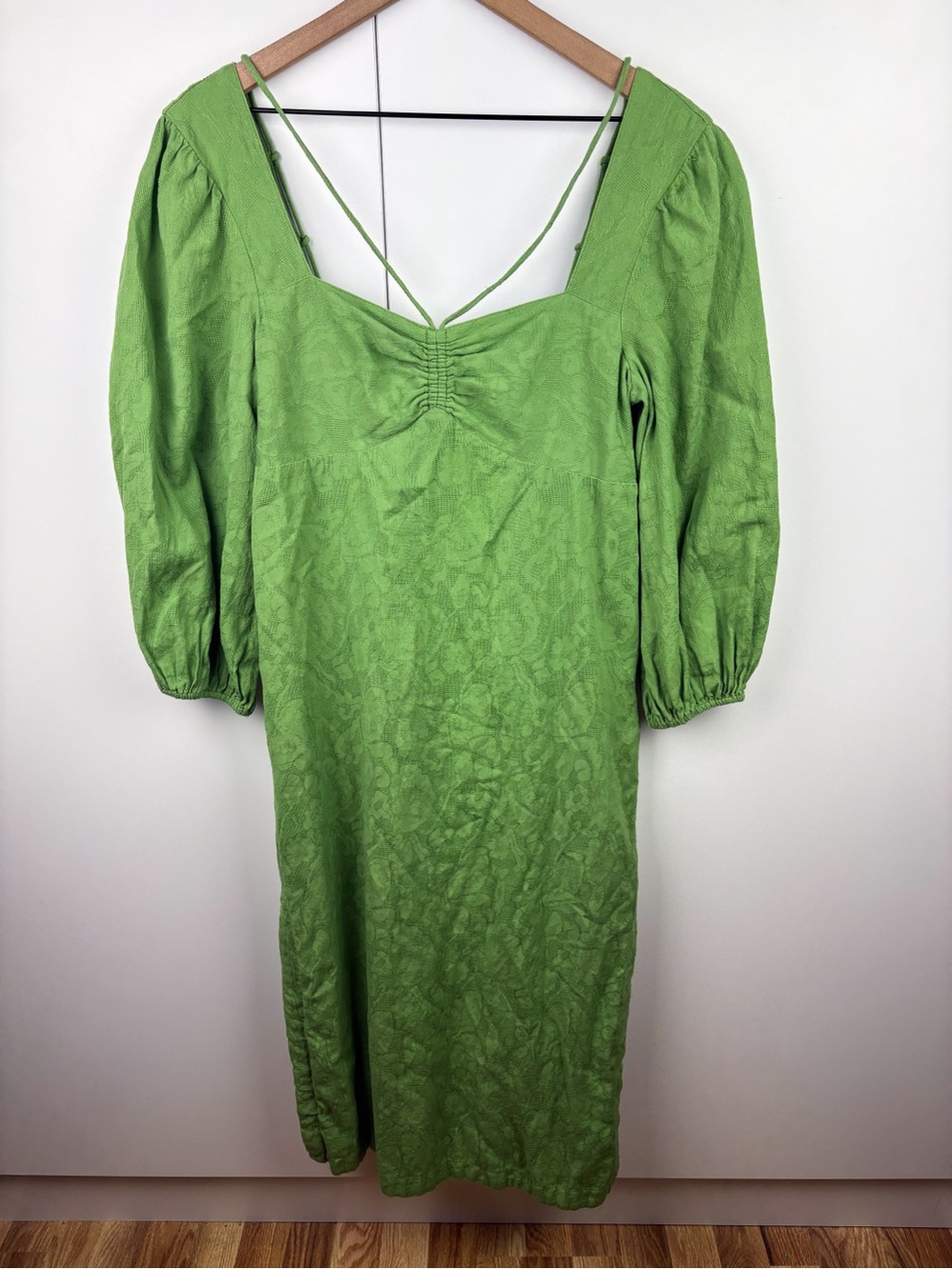 Anthropologie Maeve Low Back Midi Dress Green Size 4 Floral Puff Sleeve Cotton - Picture 2 of 7